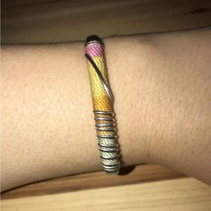 925 Sterling Silver Rainbow Pastel Threaded Wire Wrap Thin Cuff Bracelet Bangle